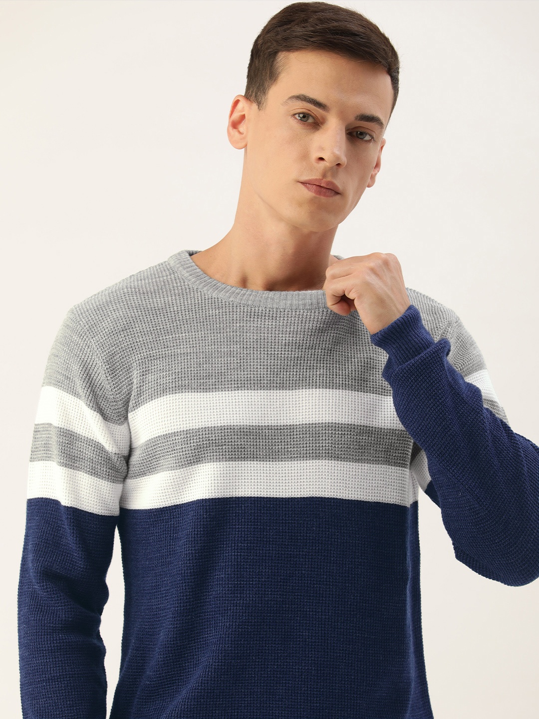 

Sports52 wear Men Grey & Blue Colourblocked Open-Knit Pullover Sweater