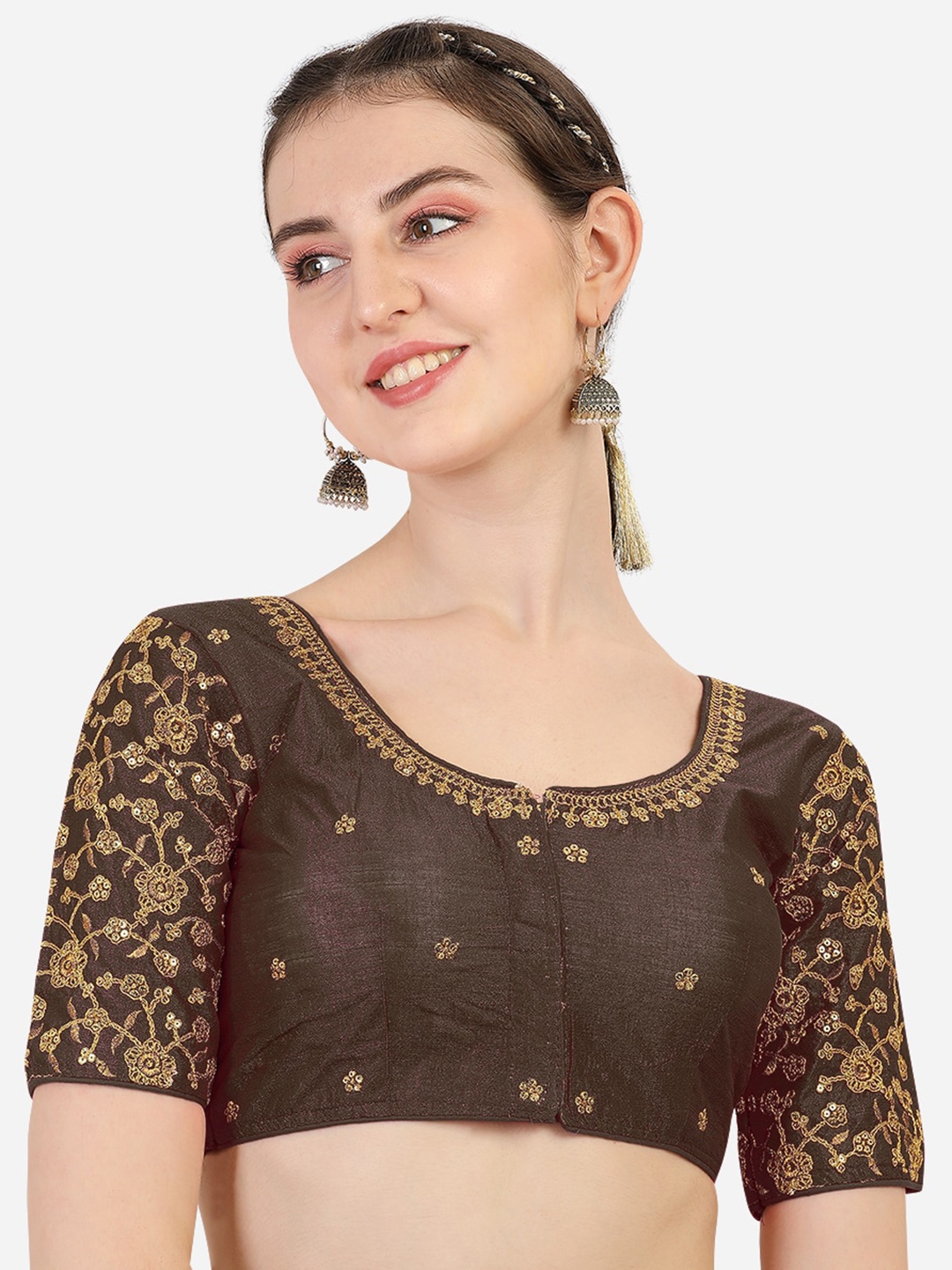 

Sumaira Tex Brown Embroidered Silk Saree Blouse