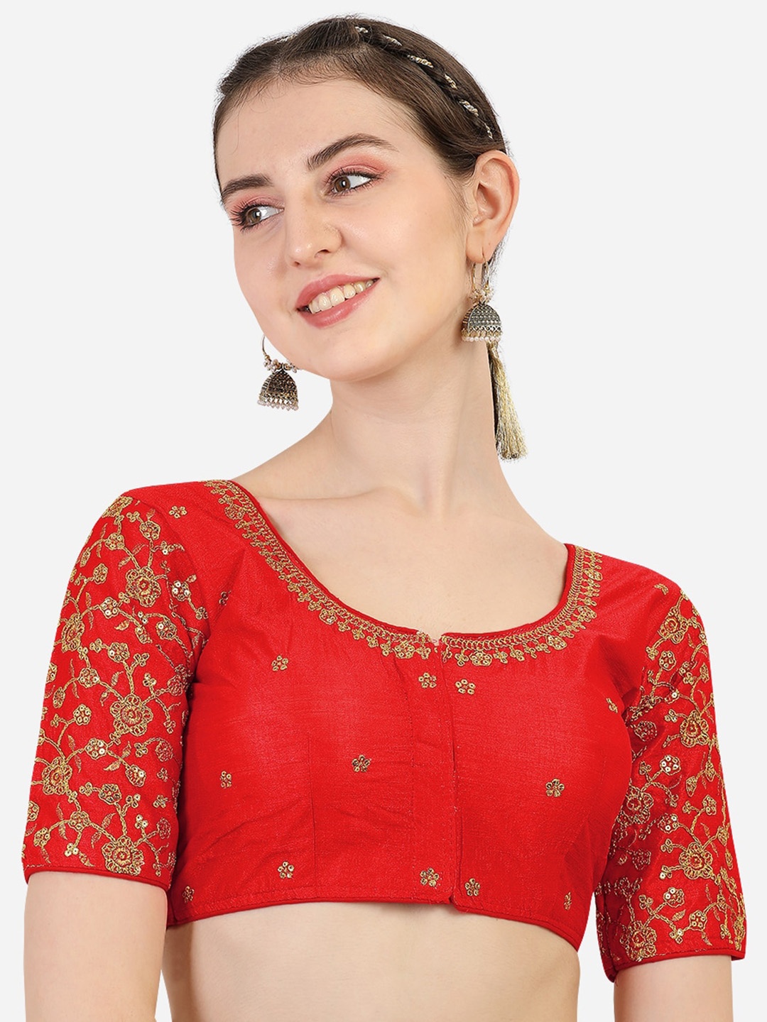 

Sumaira Tex Red Embroidered Silk Saree Blouse