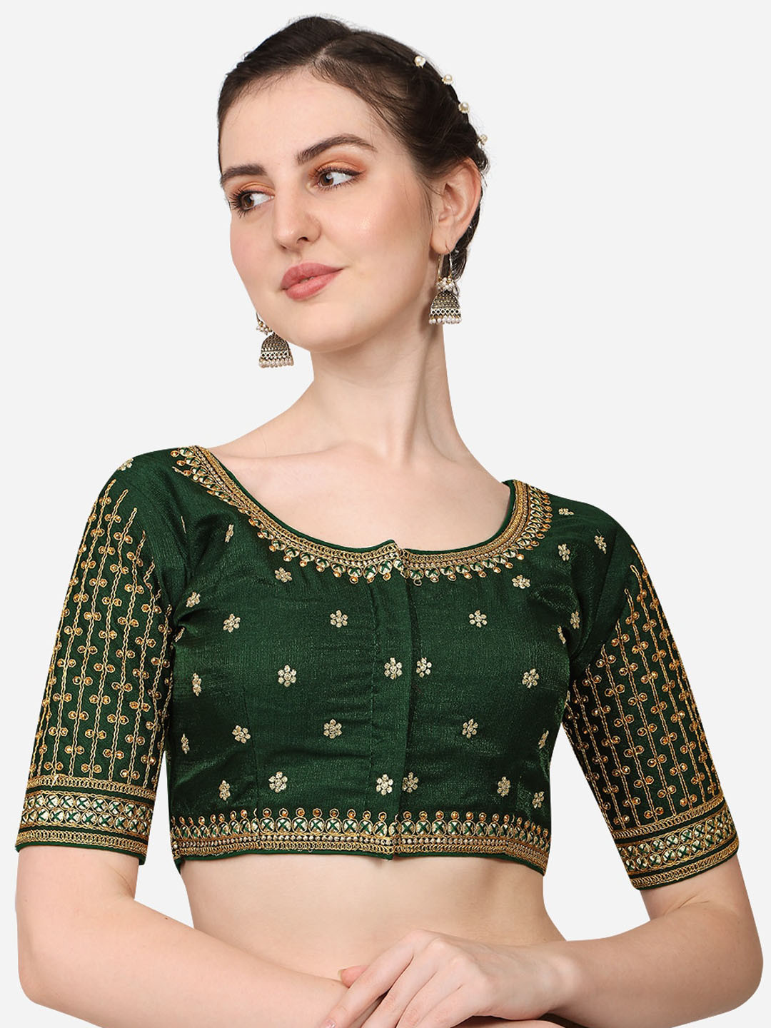 

Sumaira Tex Green Embroidered Silk Saree Blouse