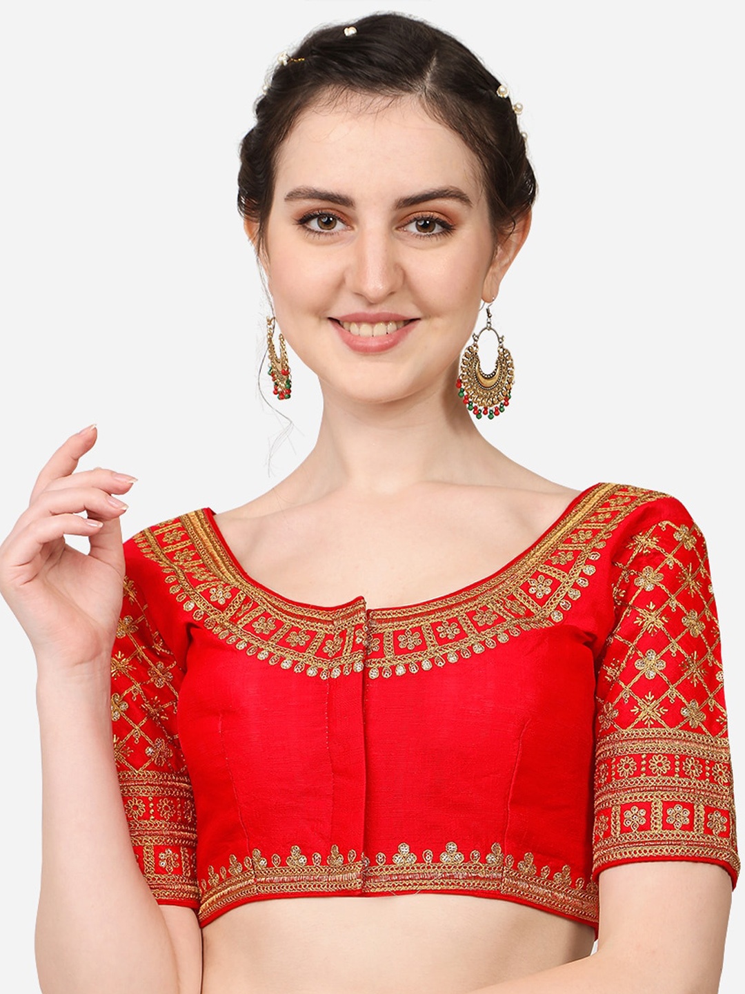 

Sumaira Tex Red Embroidered Silk Saree Blouse