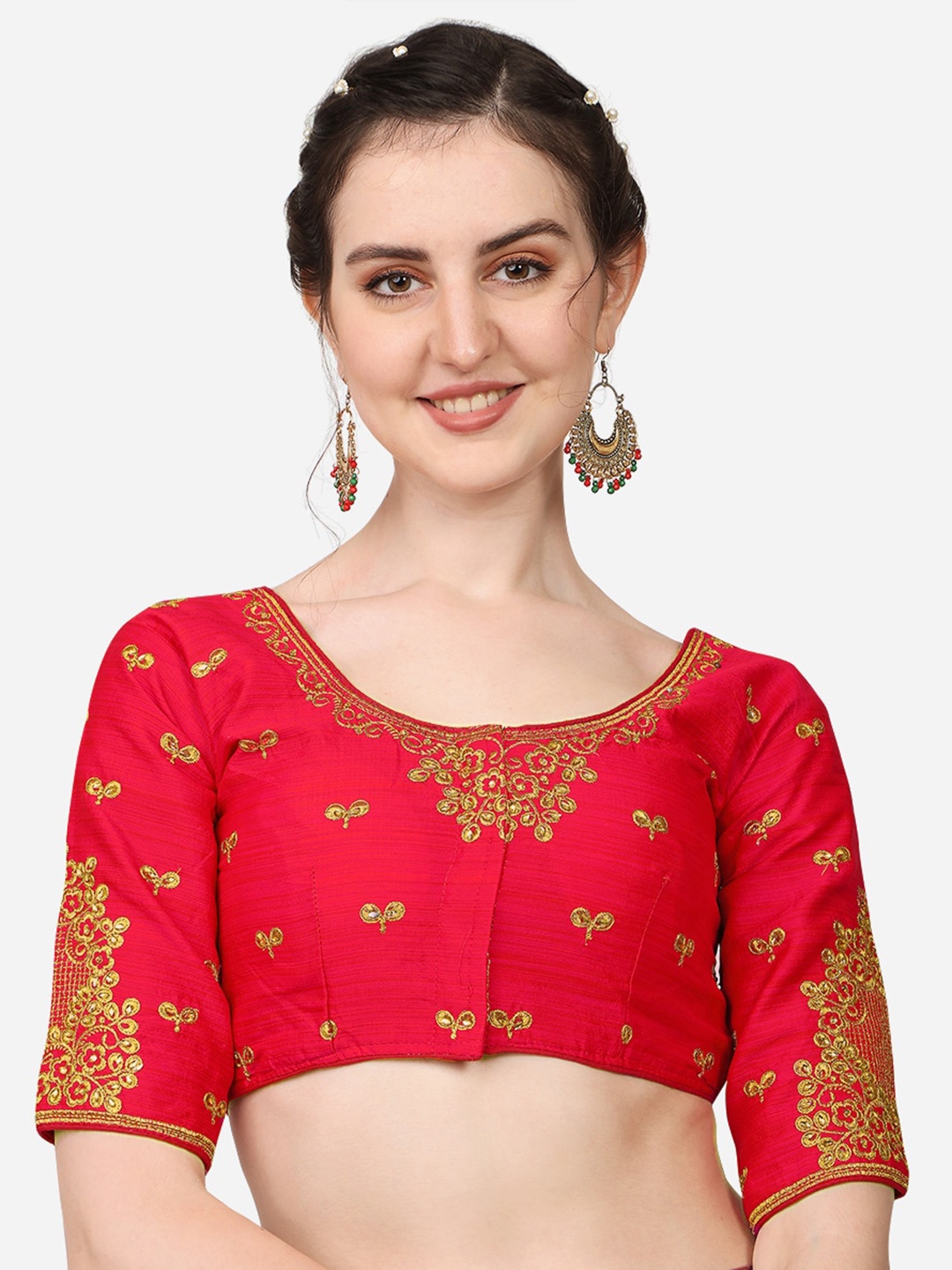 

Sumaira Tex Red Embroidered Silk Saree Blouse