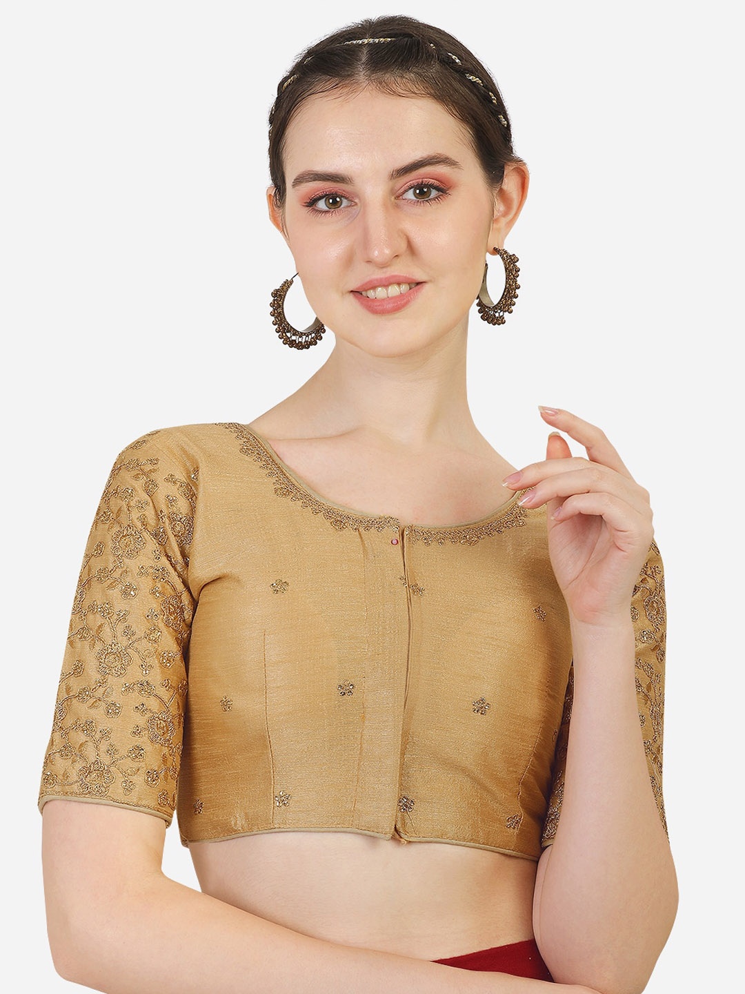 

Sumaira Tex Golden Embroidered Silk Saree Blouse, Gold