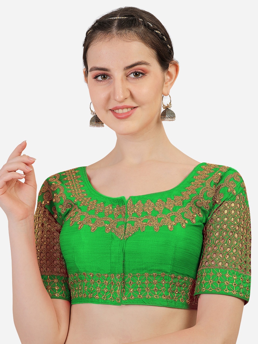 

Sumaira Tex Green Embroidered Silk Saree Blouse