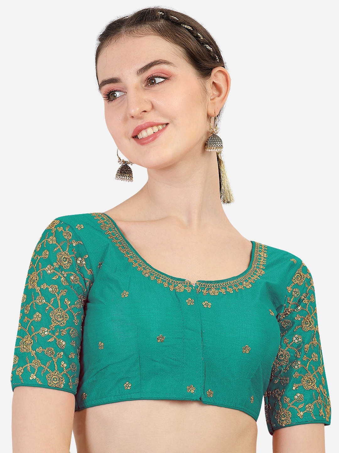 

Sumaira Tex Women Teal-Green Embroidered Silk Saree Blouse