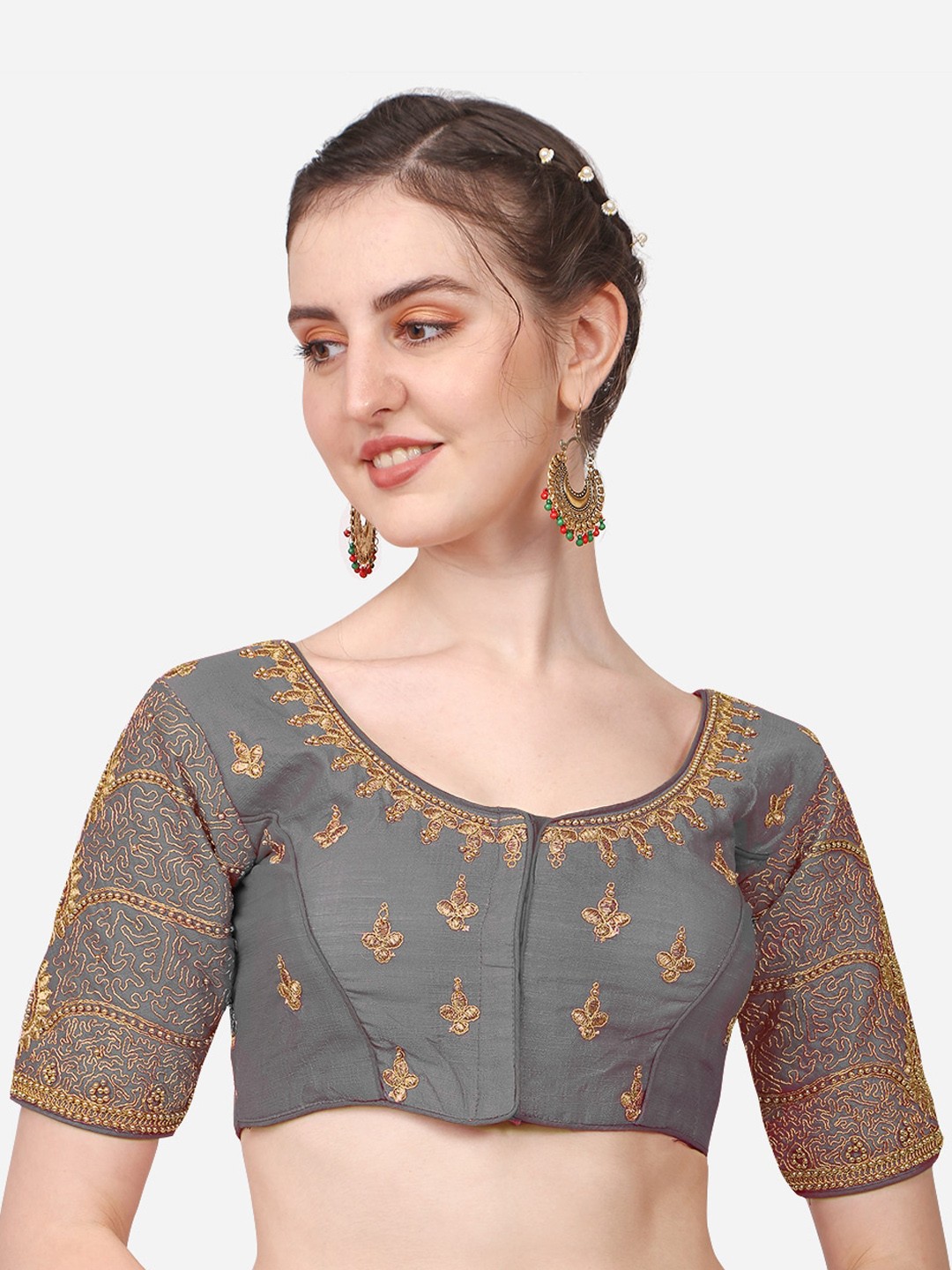 

Sumaira Tex Grey Embroidered Readymade Silk Saree Blouse