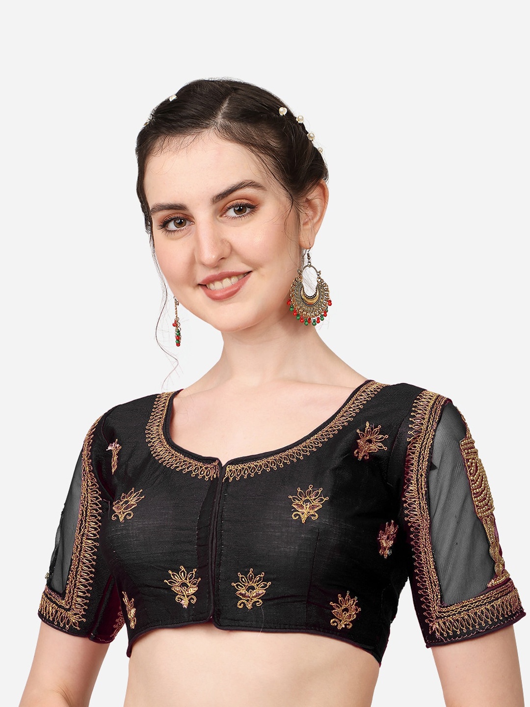 

Sumaira Tex Black Embroidered Silk Readymade Saree Blouse
