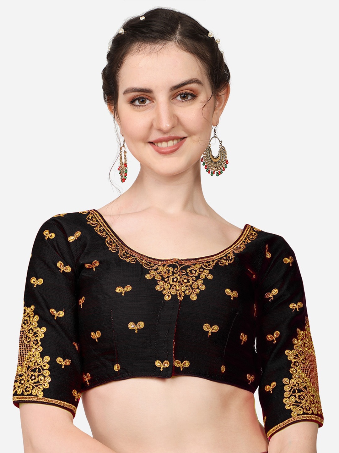

Sumaira Tex Black Embroidered Silk Readymade Saree Blouse