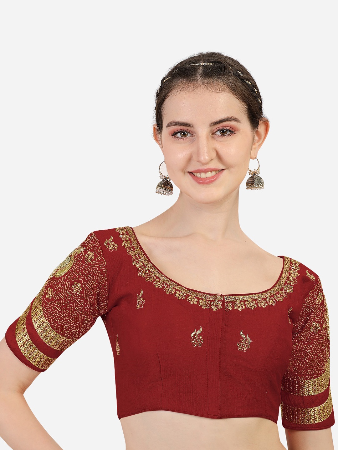 

Sumaira Tex Maroon Embroidered Stone & Khatli Work Readymade Silk Saree Blouse