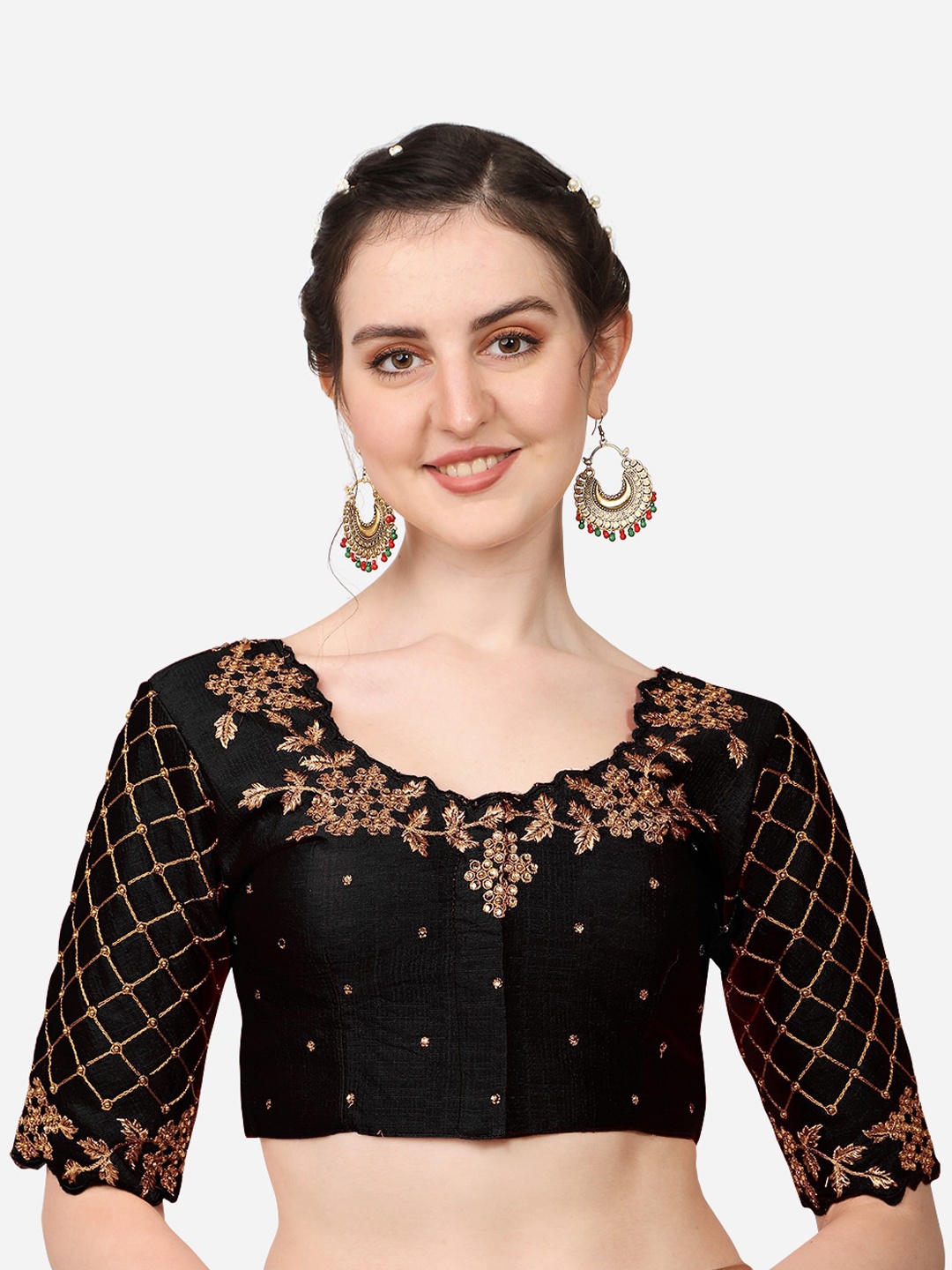

Sumaira Tex Black Embroidery and stone work Silk Readymade Saree Blouse