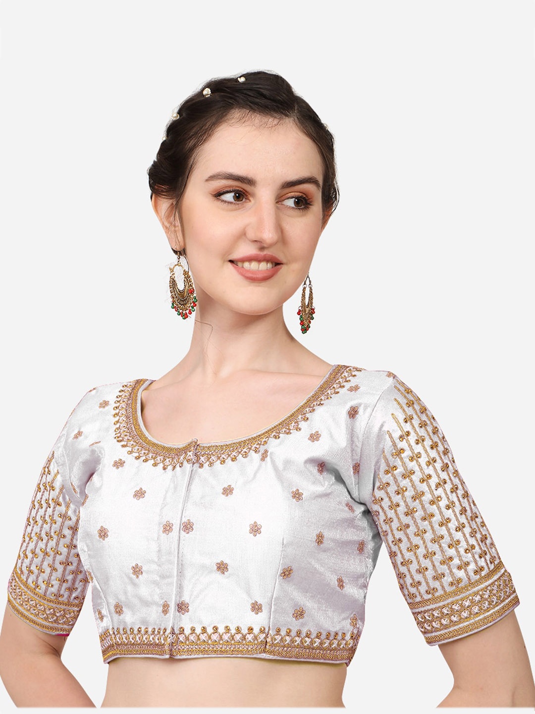 

Sumaira Tex White Embroidered & Stone Work Readymade Silk Saree Blouse