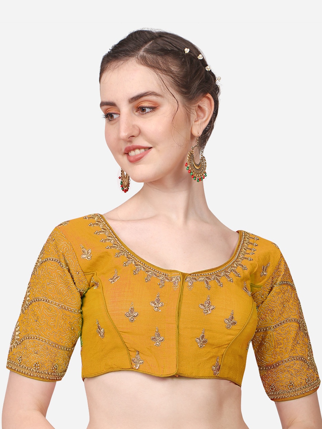 

Sumaira Tex Yellow Embroidered Readymade Saree Blouse, Mustard