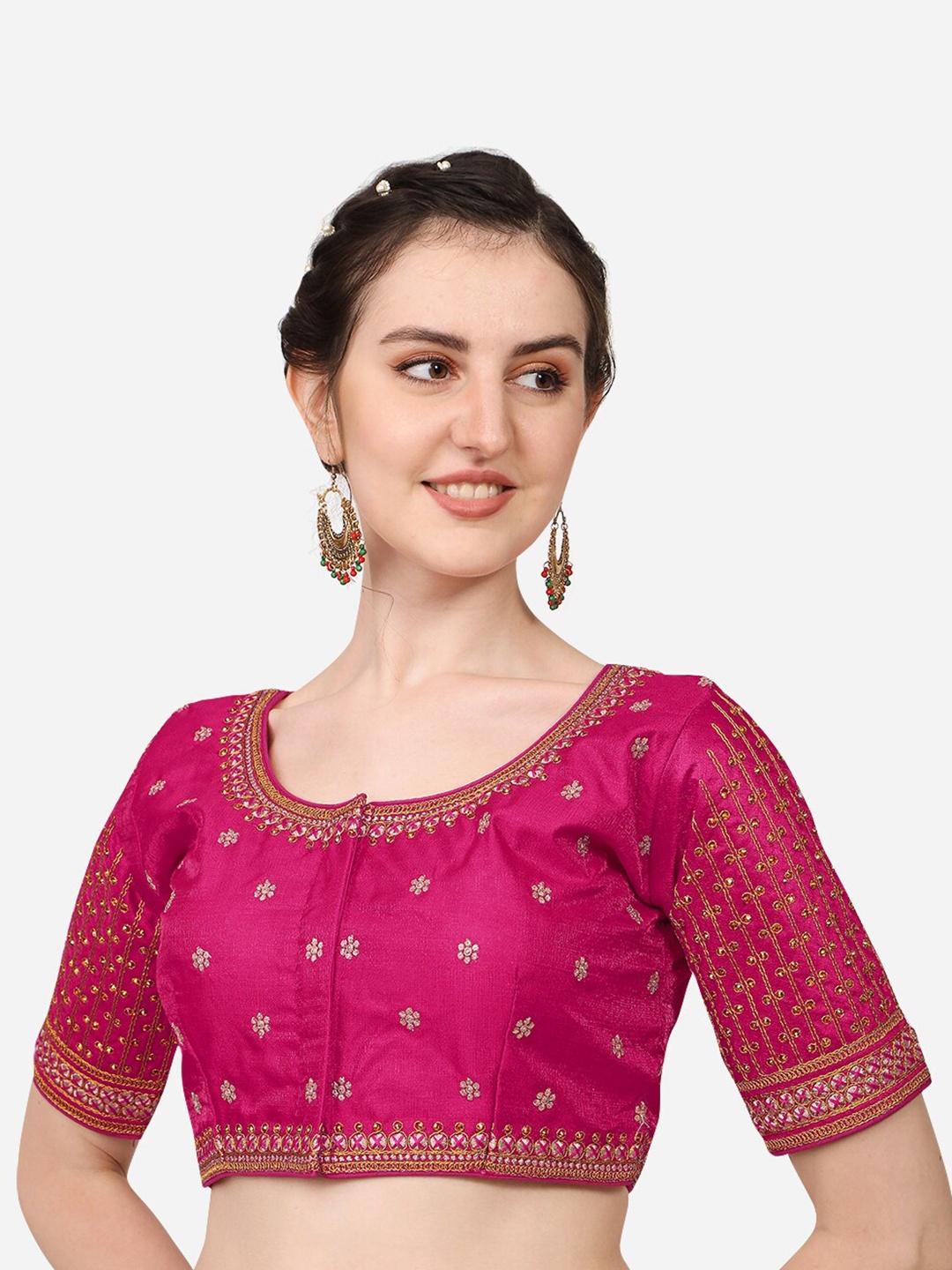 

Sumaira Tex Pink Embroidered & Stone Work Readymade Silk Saree Blouse