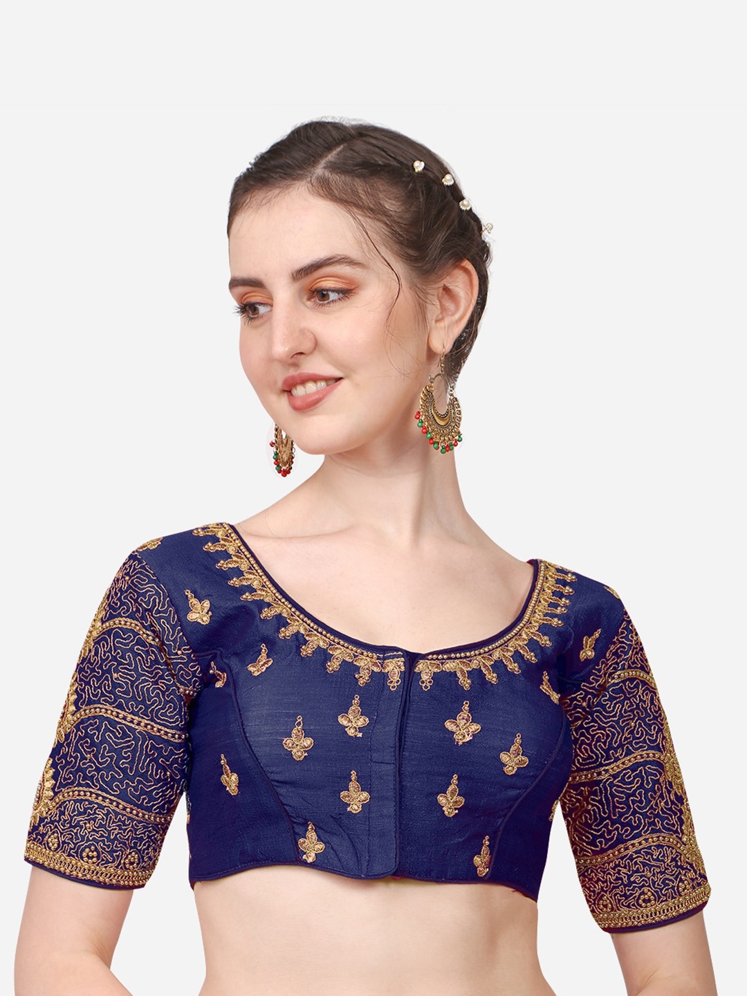 

Sumaira Tex Women Navy Blue Embroidered & Khatli Work Readymade Saree Blouse