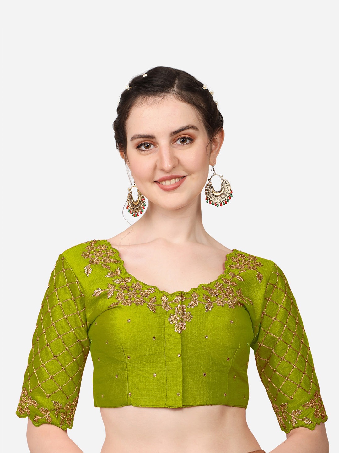 

Sumaira Tex Green Embroidered & Stone Work Readymade Saree Blouse