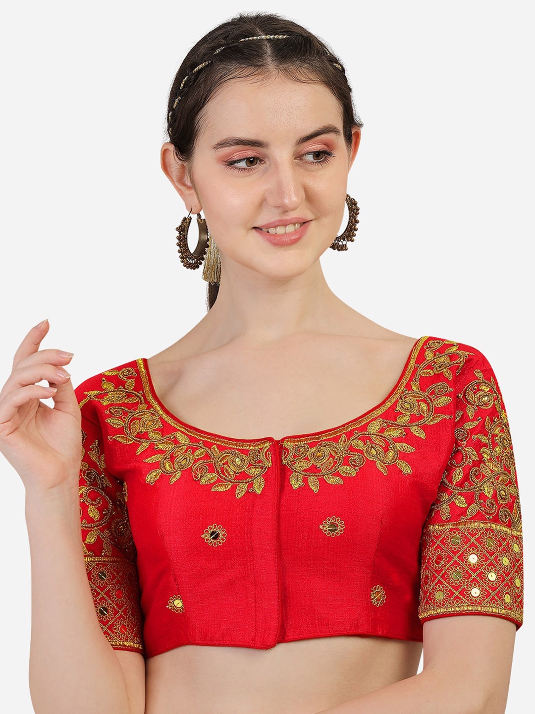 

Sumaira Tex Red Embroidered Khatli Work Readymade Silk Padded Saree Blouse
