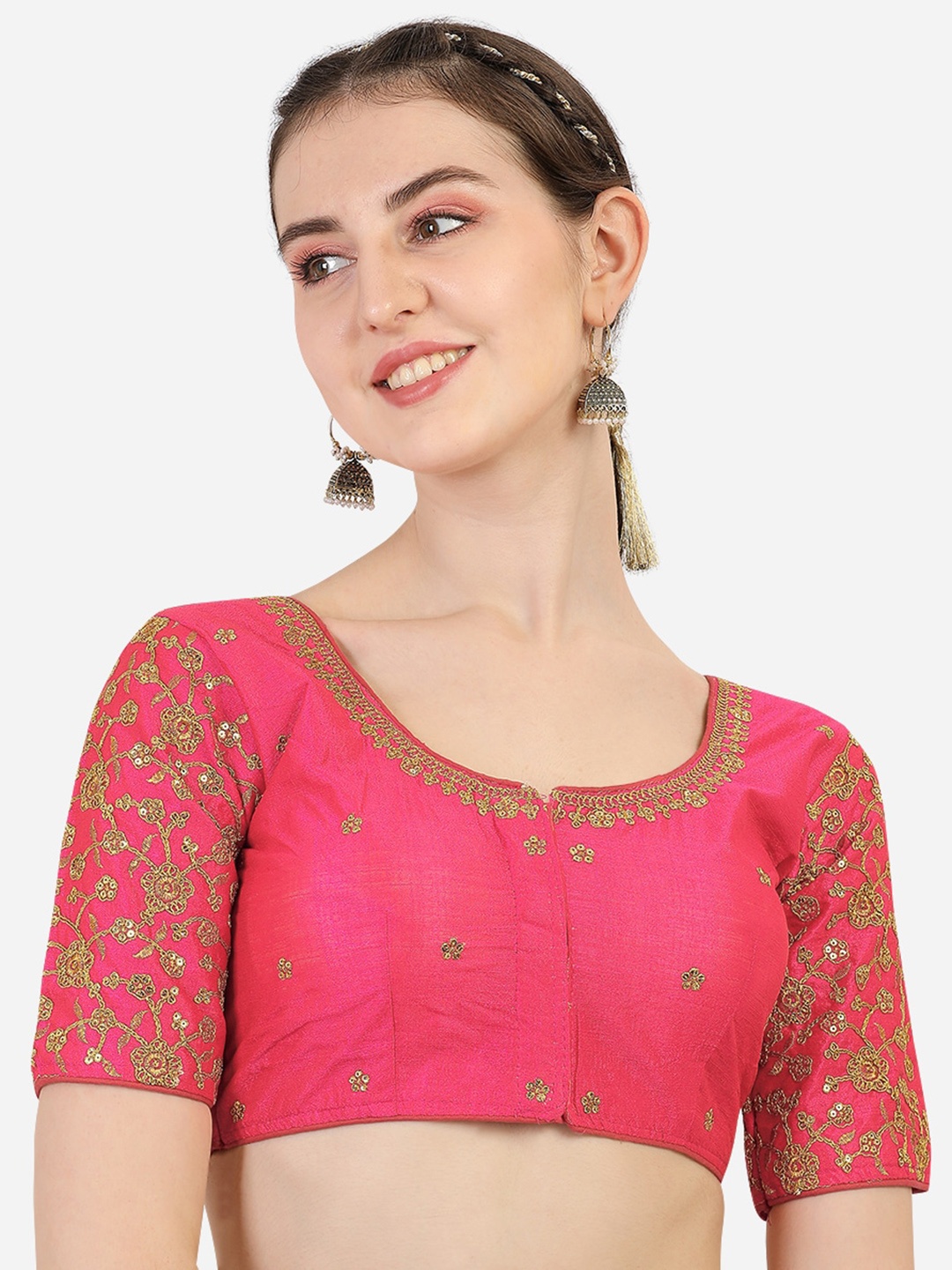 Sumaira Tex Orange-Colored Embroidered Readymade Silk Saree Blouse, Beige