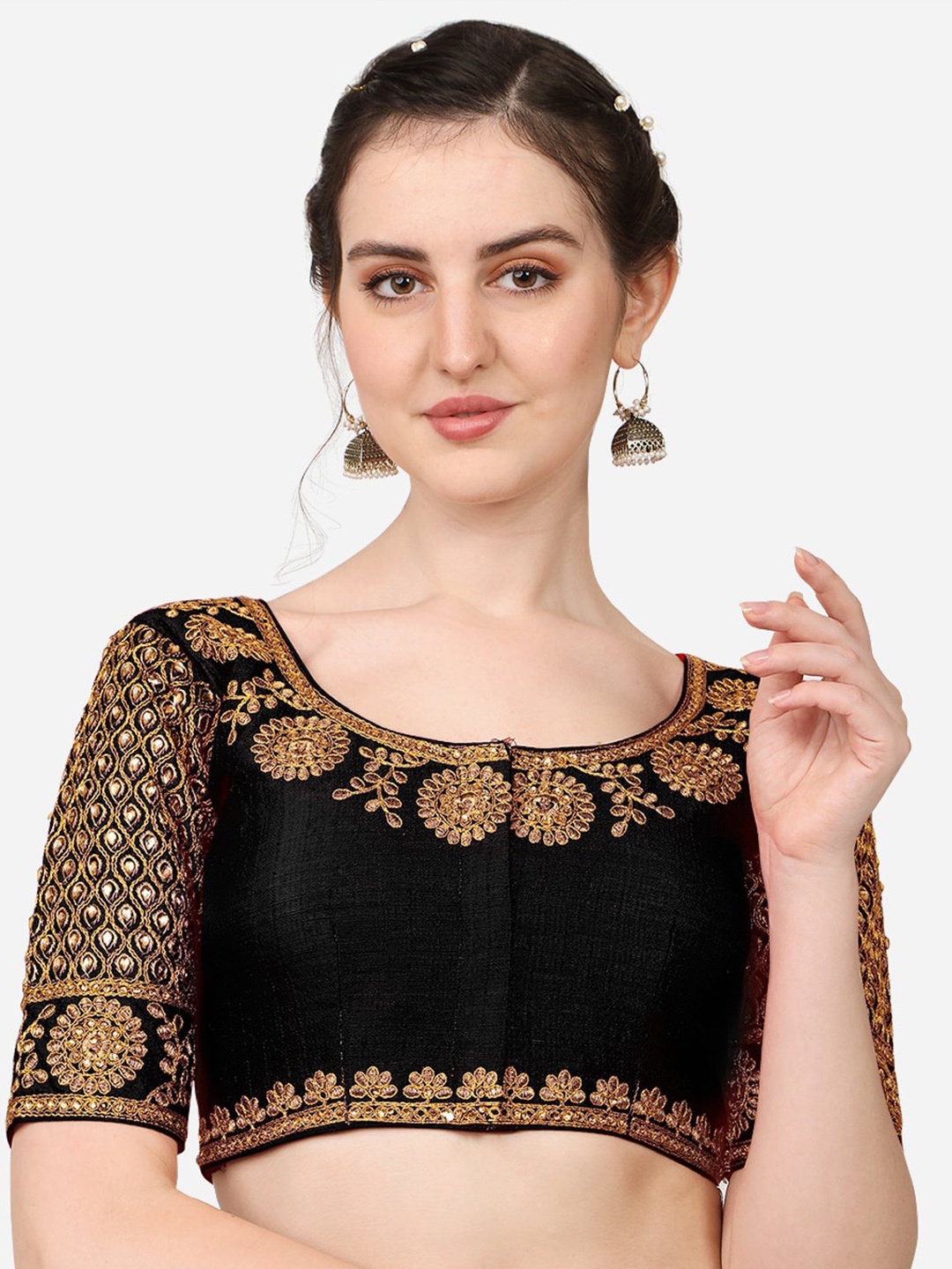 

Sumaira Tex Black & Gold-Toned Embroidered Saree Blouse