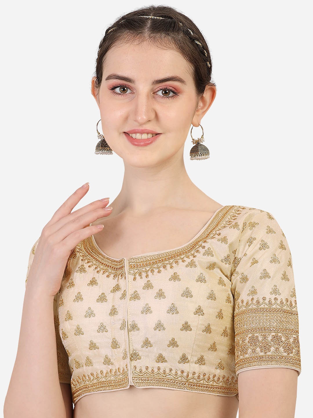 

Sumaira Tex Cream-Colored Embroidered Silk Readymade Saree Blouse