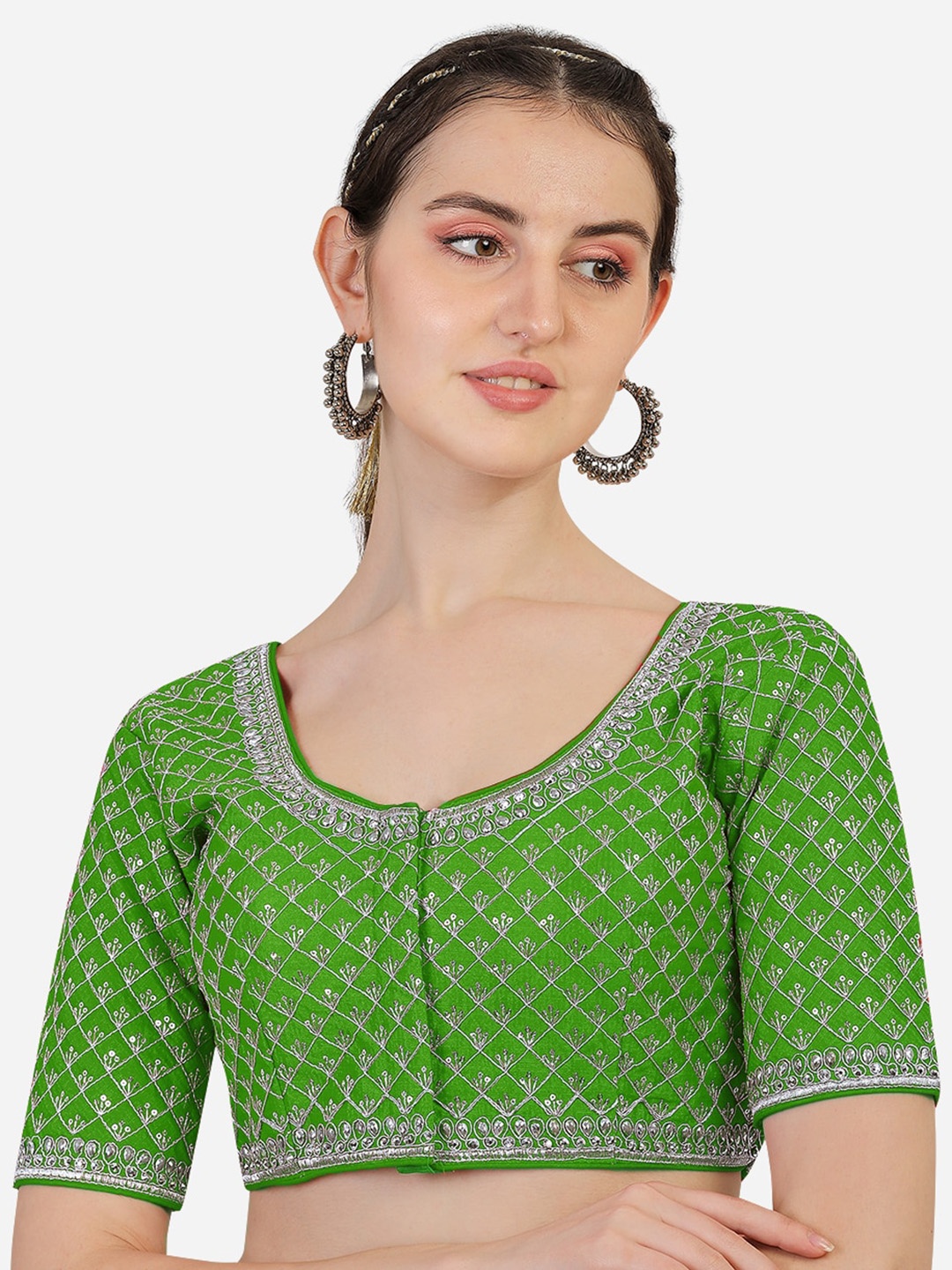 

Sumaira Tex Women Green Embroidery Readymade Saree Blouse