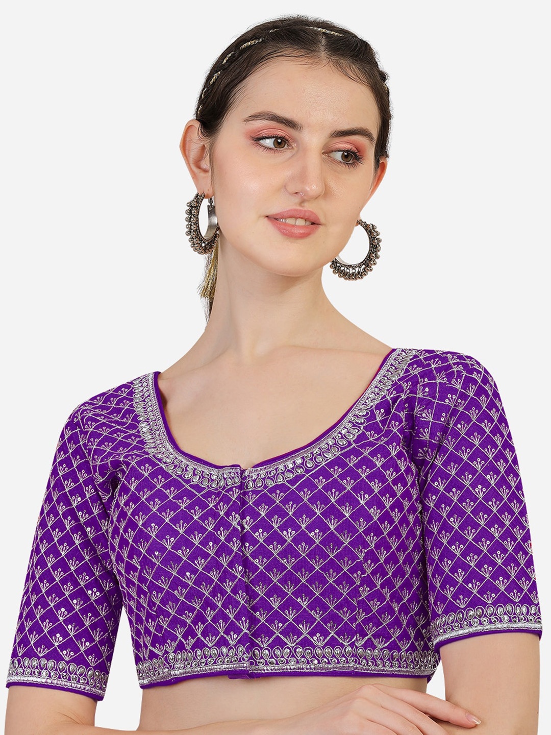 

Sumaira Tex Purple Embroidered Readymade Silk Saree Blouse