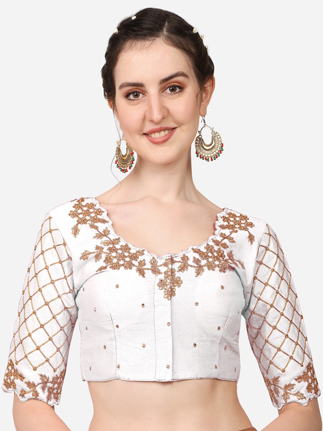 

Sumaira Tex White & Gold-Toned Embroidered Readymade Saree Blouse