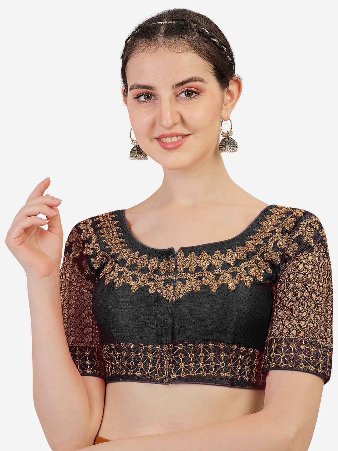 

Sumaira Tex Black Embroidered Silk Padded Readymade Saree Blouse