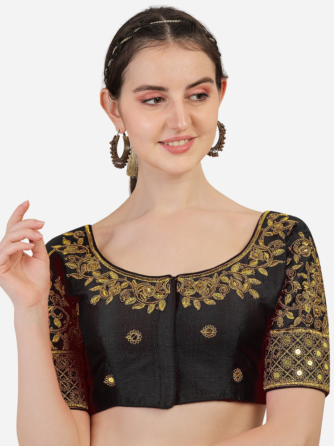 

Sumaira Tex Black Embroidered Silk Readymade Saree Blouse
