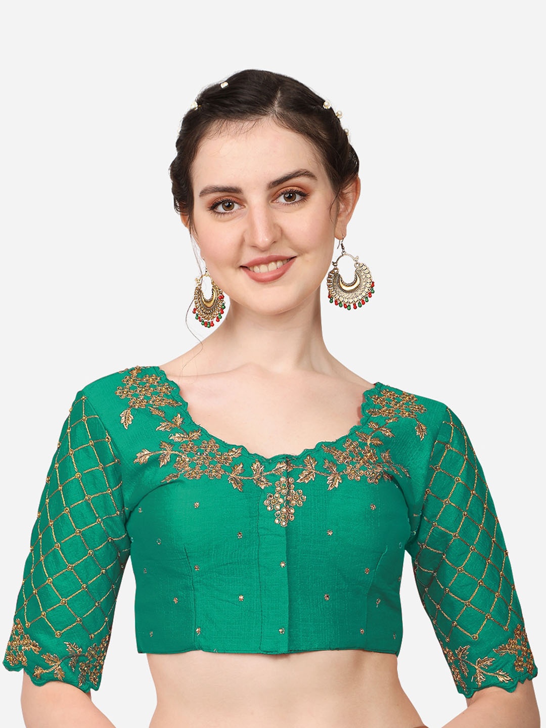 

Sumaira Tex Teal Embroidered Readymade Saree Blouse