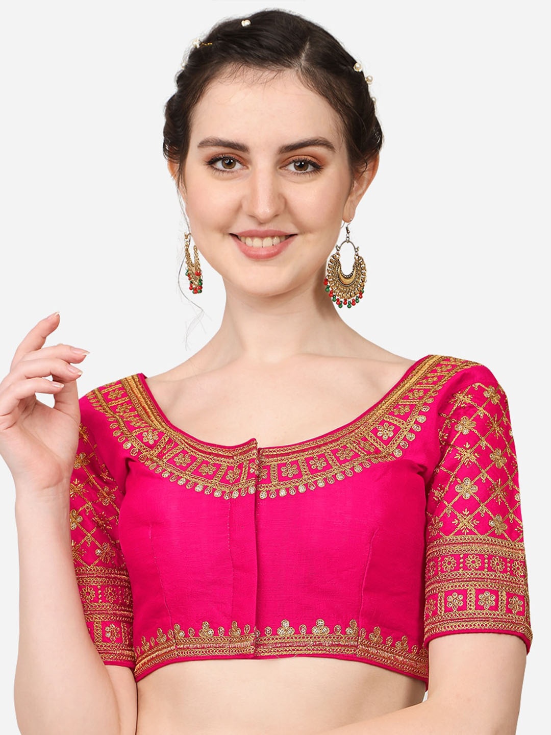 

Sumaira Tex Women Pink Embroidered Silk Bridal Readymade Saree Blouse