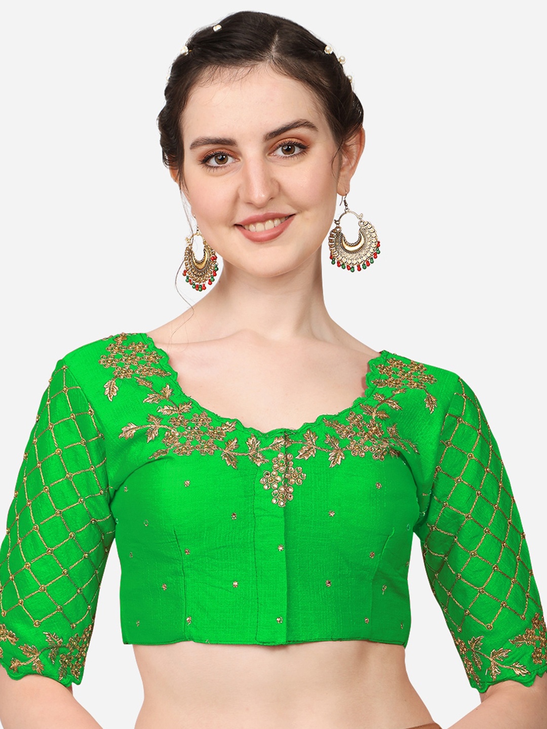 

Sumaira Tex Women Green Embroidered & Stone Work Readymade Saree Blouse