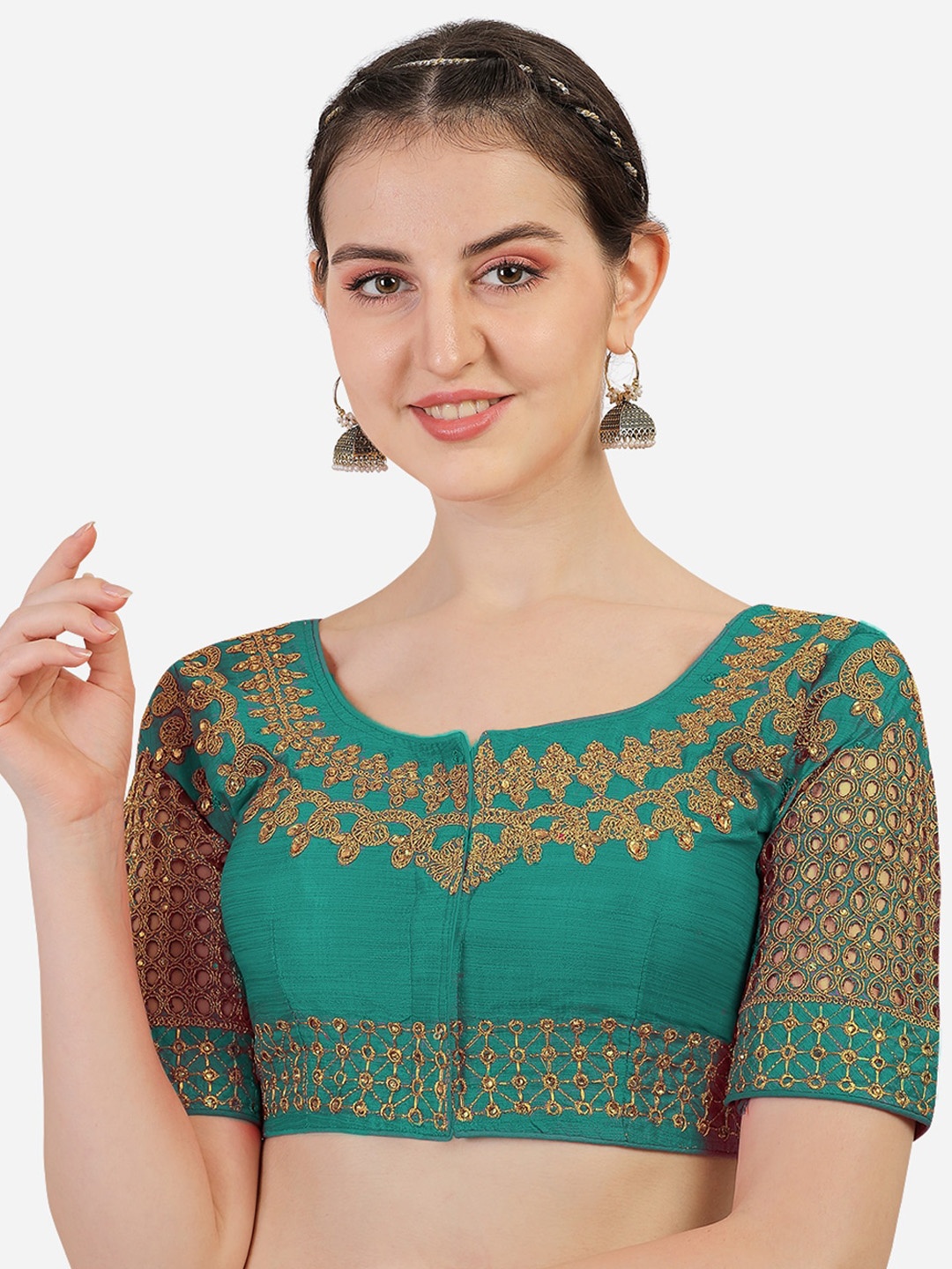 

Sumaira Tex Teal Blue & Gold-Toned Embroidered Stone Work Readymade Saree Blouse