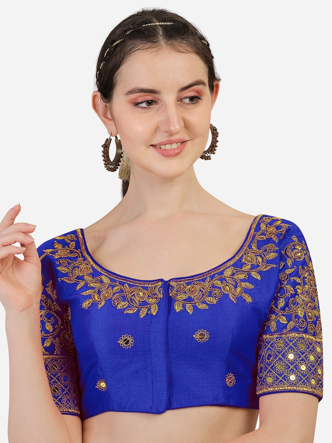 

Sumaira Tex Blue Embroidered Khatli Work Readymade Saree Blouse