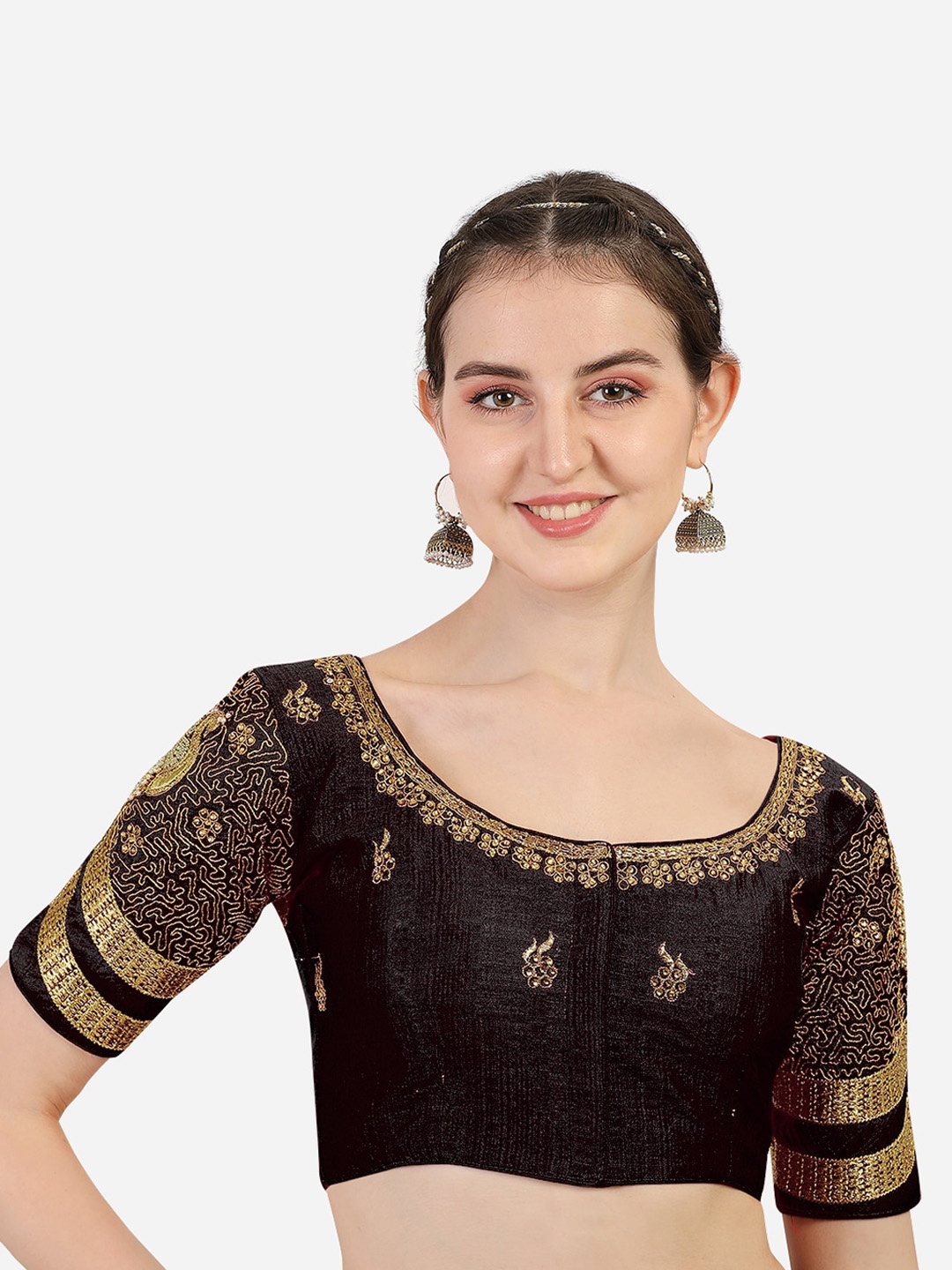 

Sumaira Tex Black Embroidered Stone & Khatli Work Readymade Silk Padded Saree Blouse