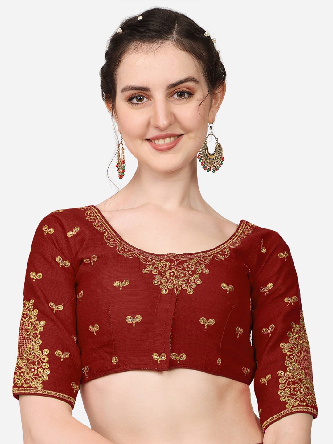 

Sumaira Tex Maroon Embroidered Stone & Khatli Work Readymade Silk Saree Blouse