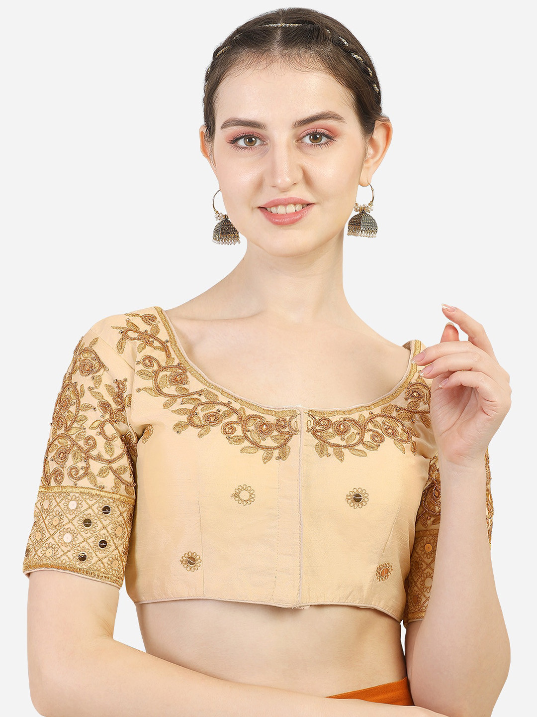 

Sumaira Tex Gold-Coloured Embroidered Readymade Saree Blouse