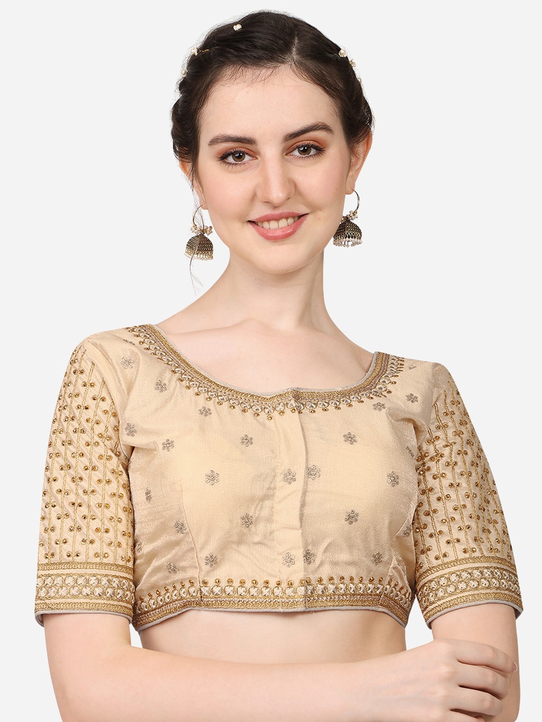 Sumaira Tex Women Cream Colored Embroidered Silk Saree Blouse