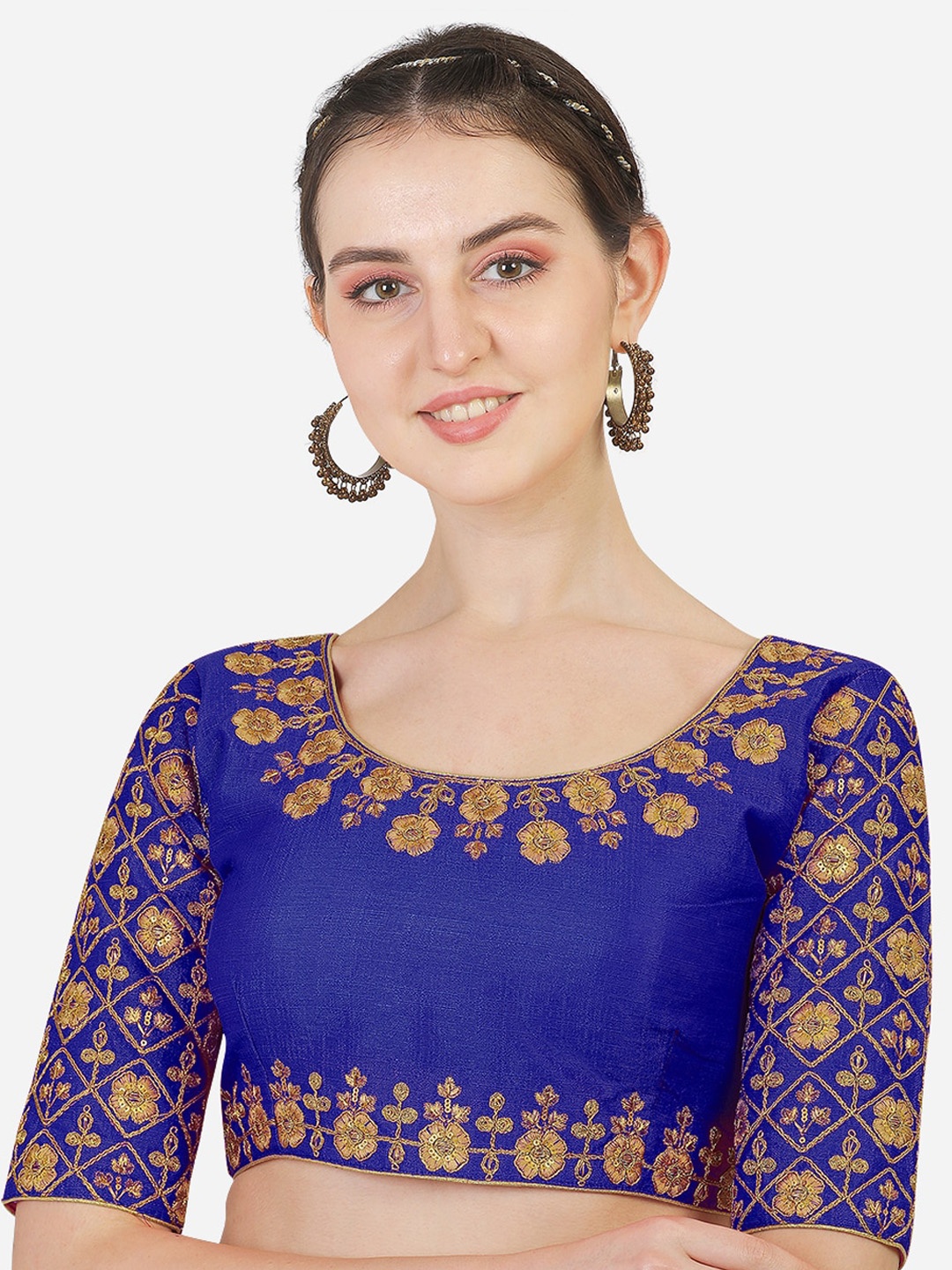 

Sumaira Tex Blue & Gold-Toned Embroidered Saree Blouse