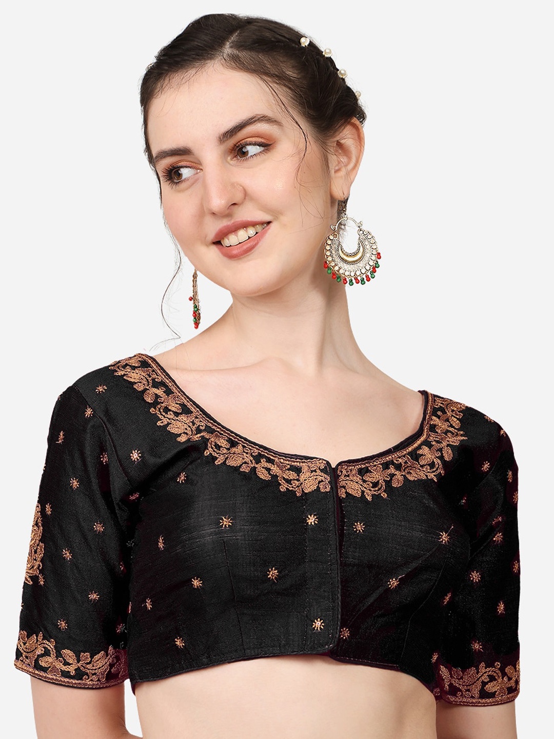 

Sumaira Tex Black Embroidered Readymade Silk Saree Blouse