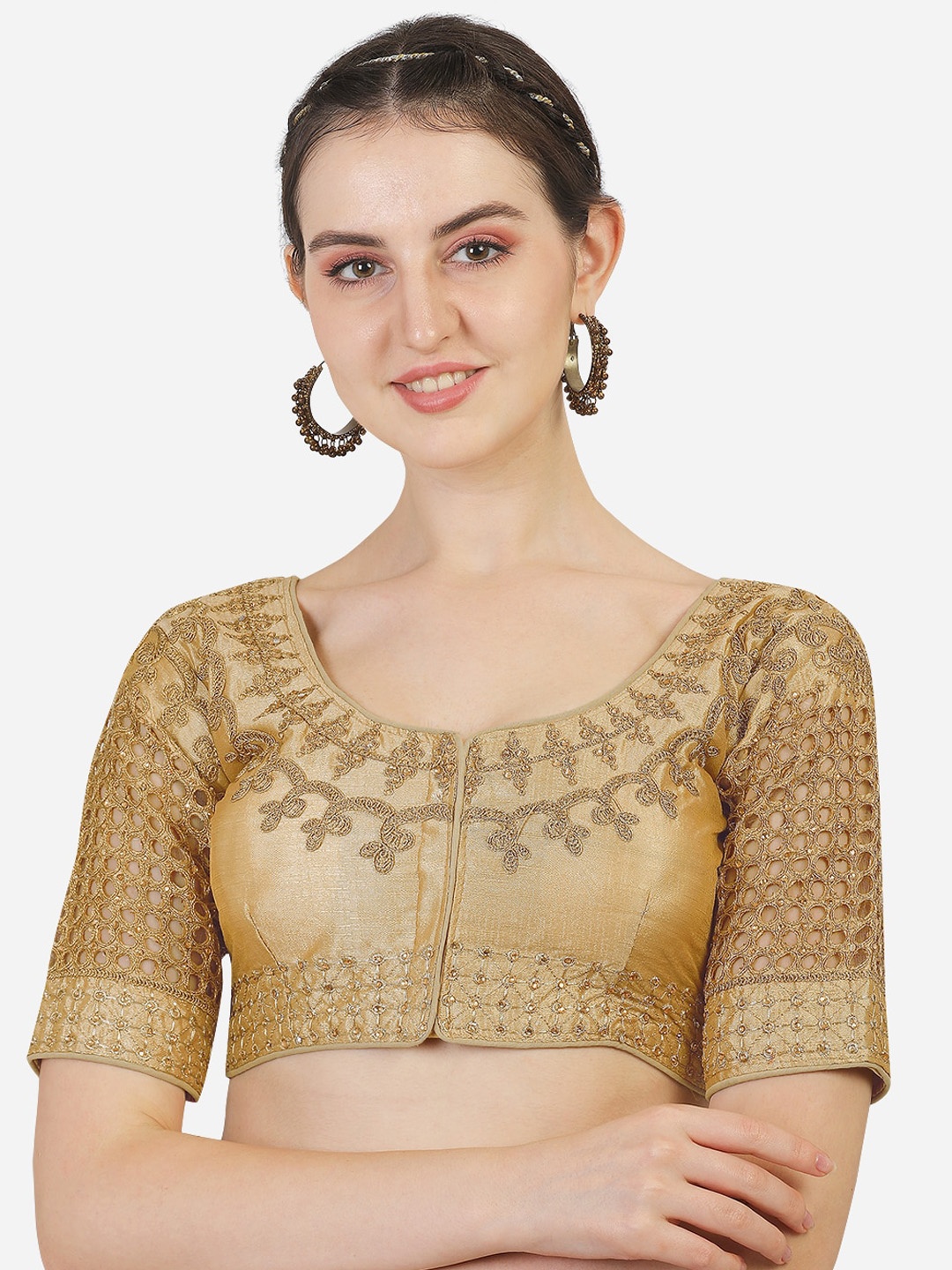 

Sumaira Tex Gold-Toned Embroidered Stone Work Readymade Silk Padded Saree Blouse