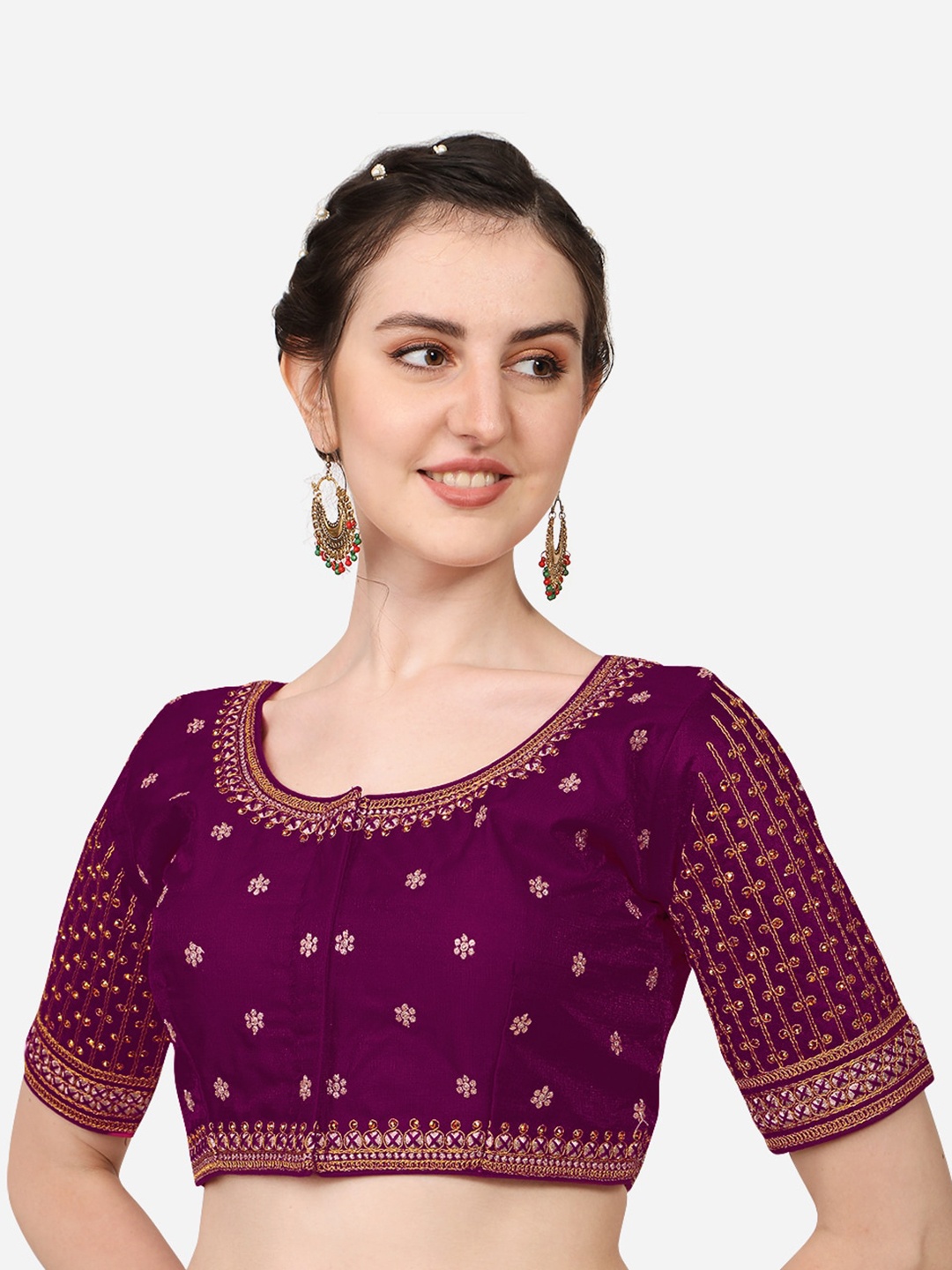 

Sumaira Tex Violet Embroidered & Stone Work Readymade Saree Blouse