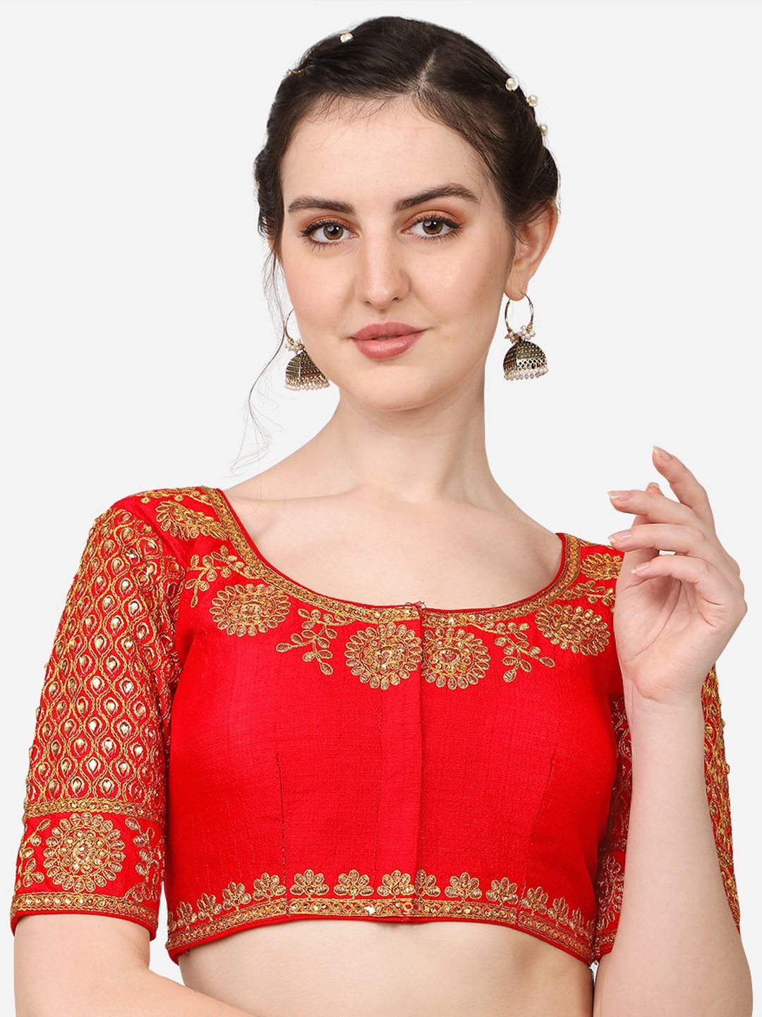 

Sumaira Tex Red Embroidered Readymade Silk Saree Blouse