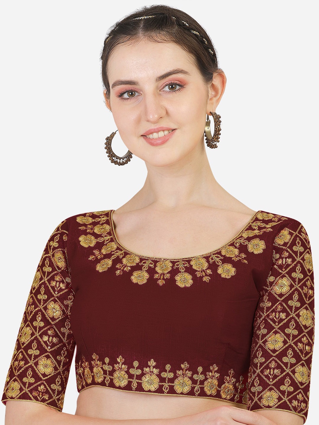 

Sumaira Tex Maroon & Gold-Toned Embroidered Silk Saree Blouse