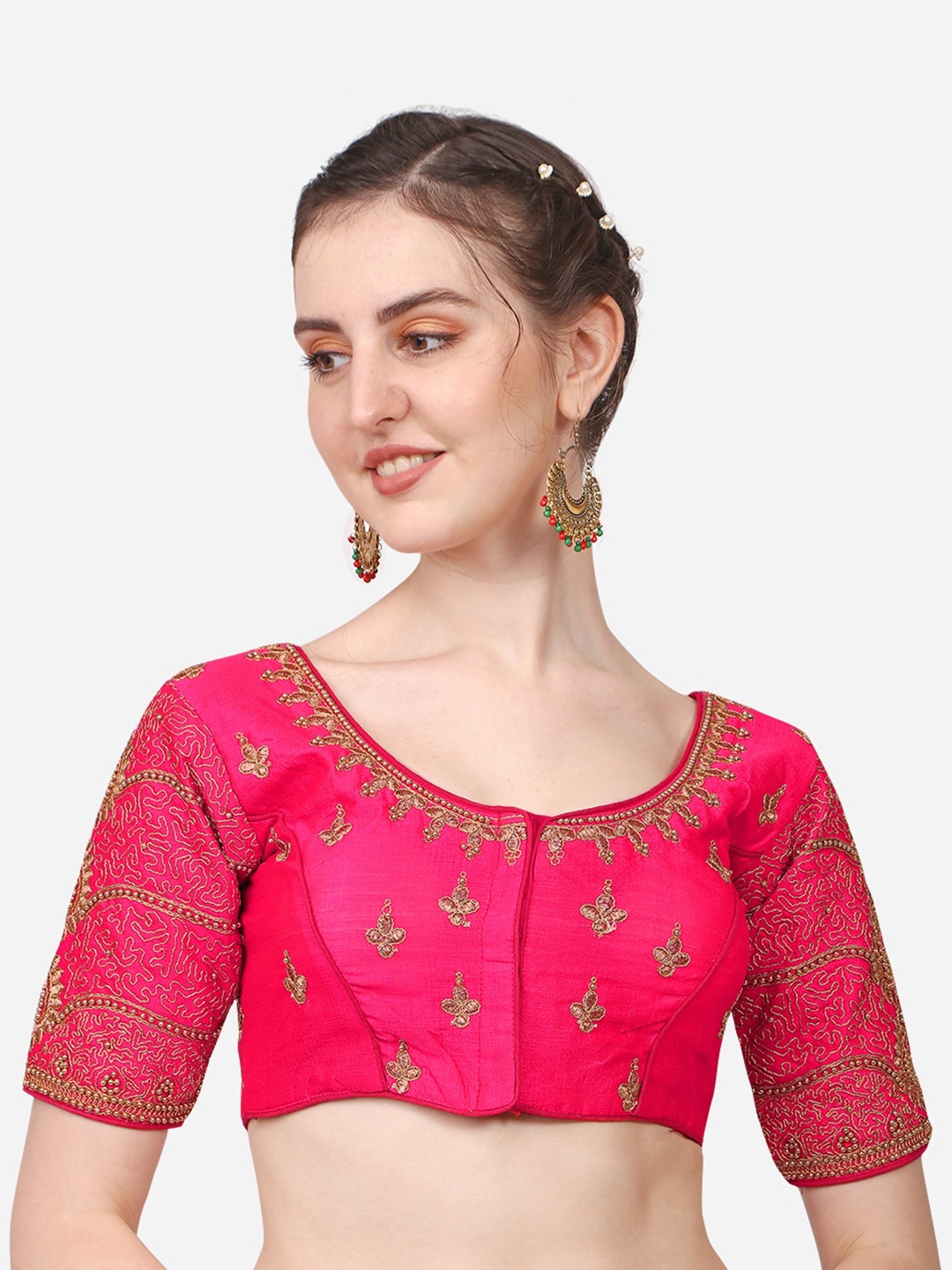 

Sumaira Tex Pink & Gold-Toned Embroidered Saree Blouse