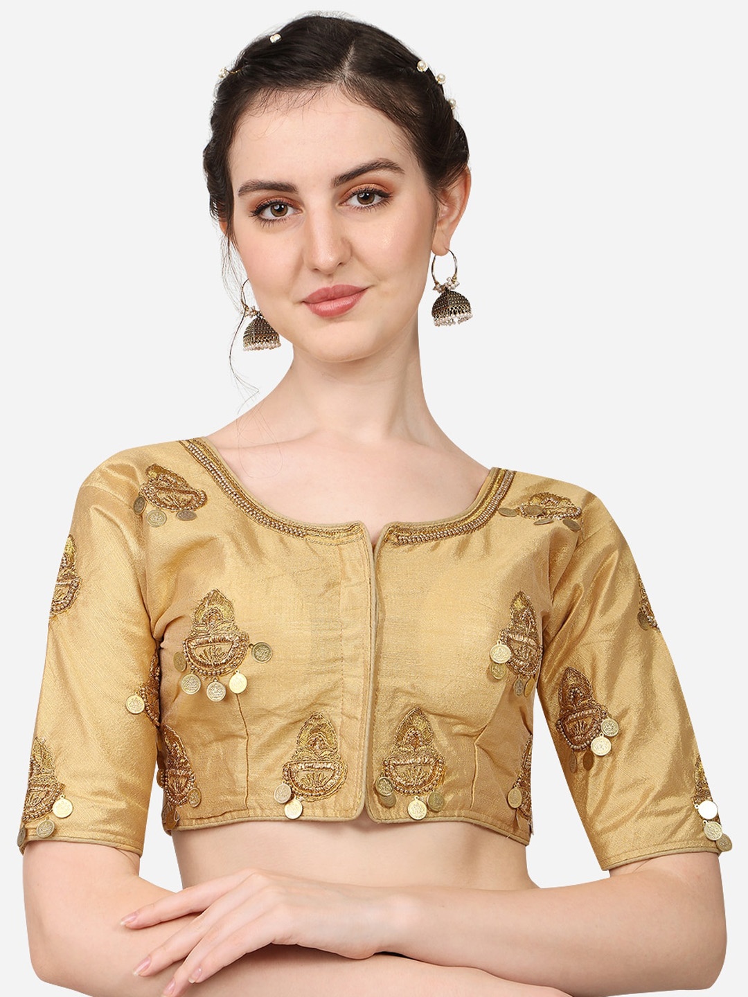 

Sumaira Tex Gold-Toned Embroidered Silk Padded Saree Blouse