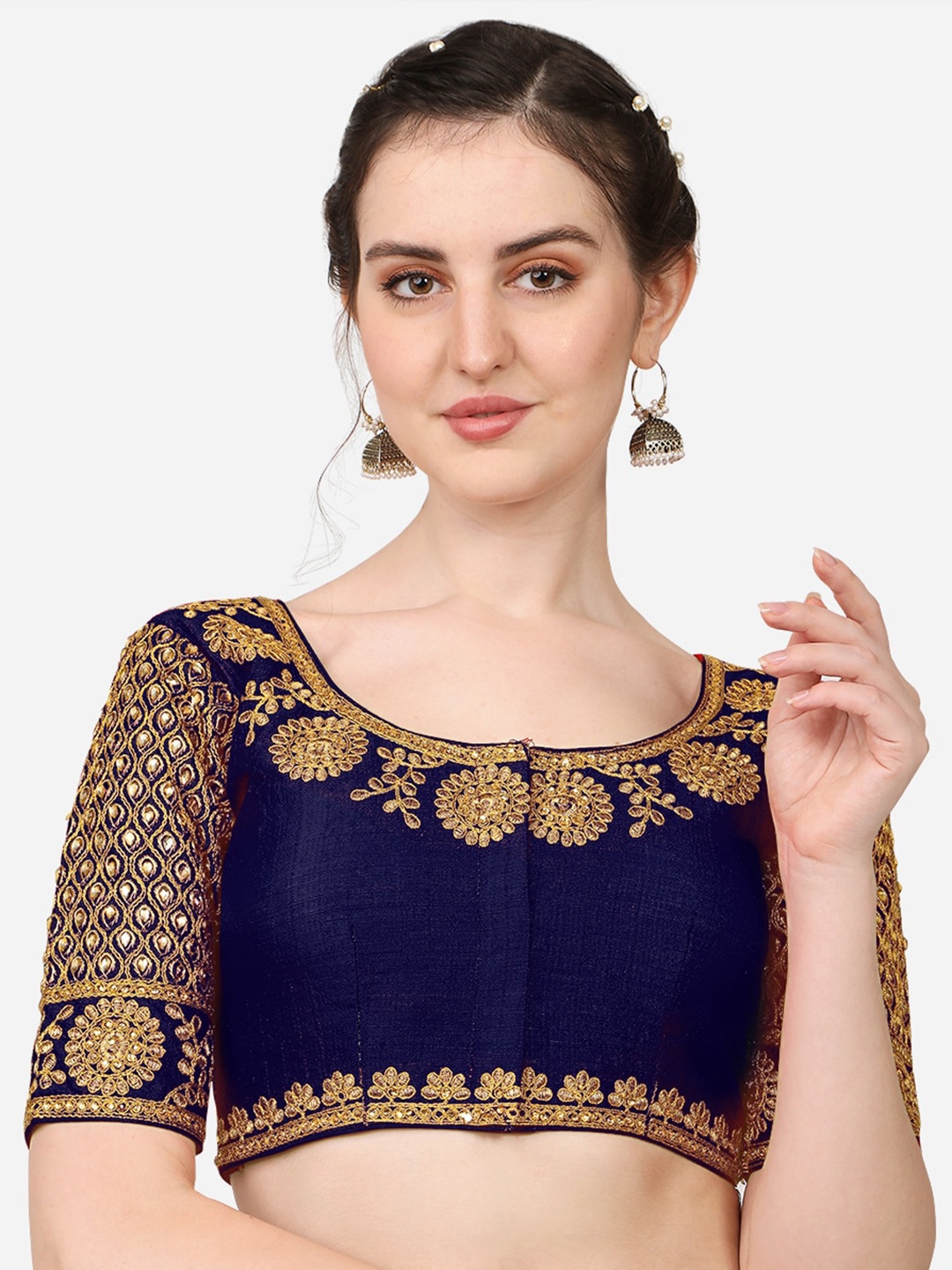 

Sumaira Tex Navy Blue & Gold-Toned Embroidered Readymade Saree Blouse