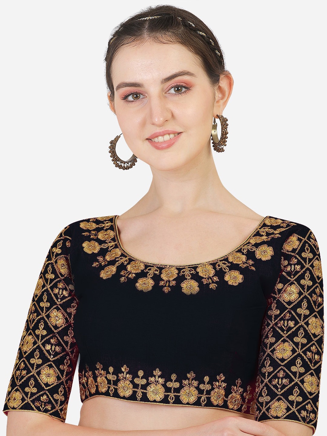 

Sumaira Tex Women Black & Gold-Toned Embroidered Work Readymade Blouse