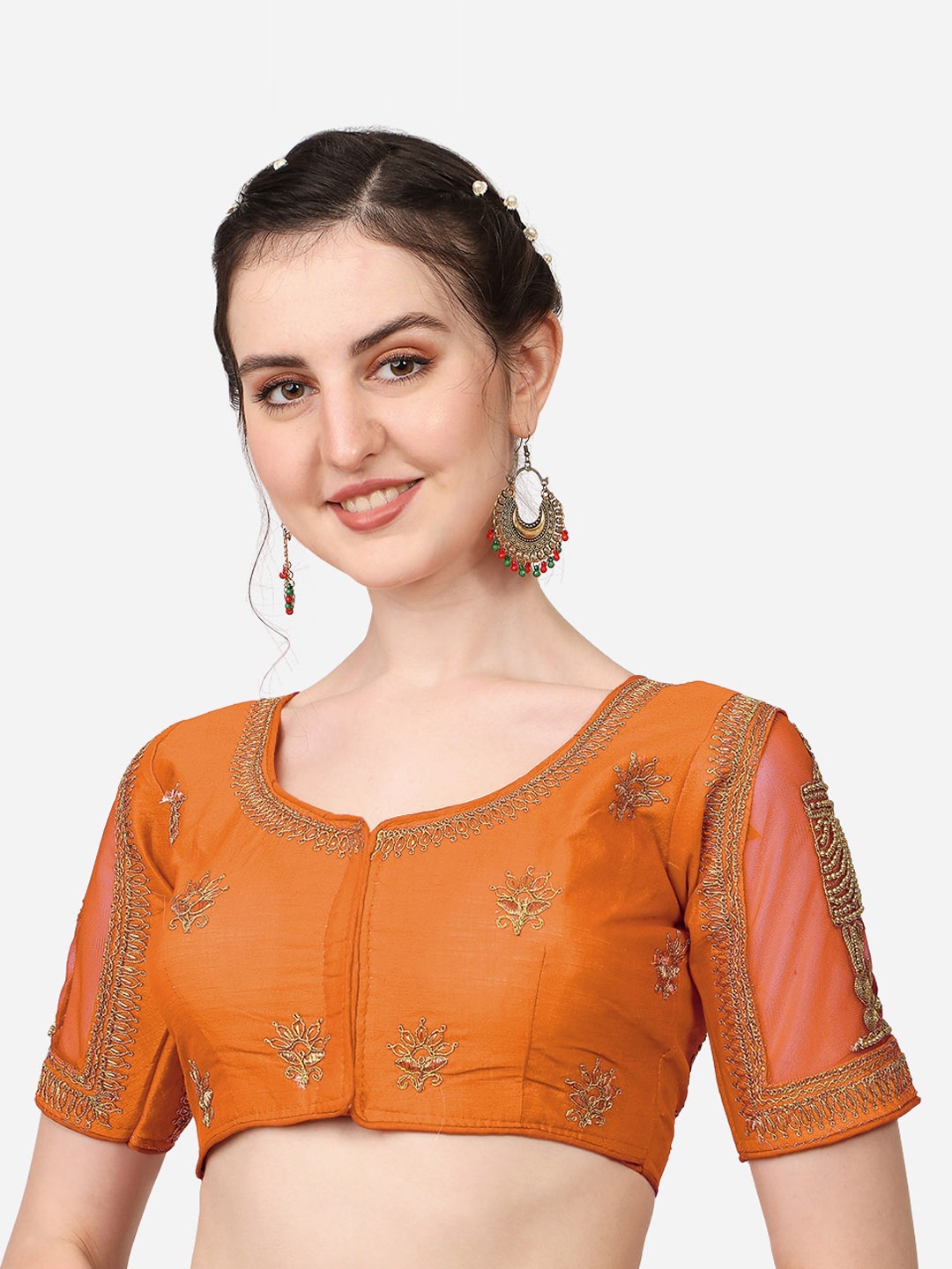 

Sumaira Tex Orange & Gold-Toned Embroidered Saree Blouse