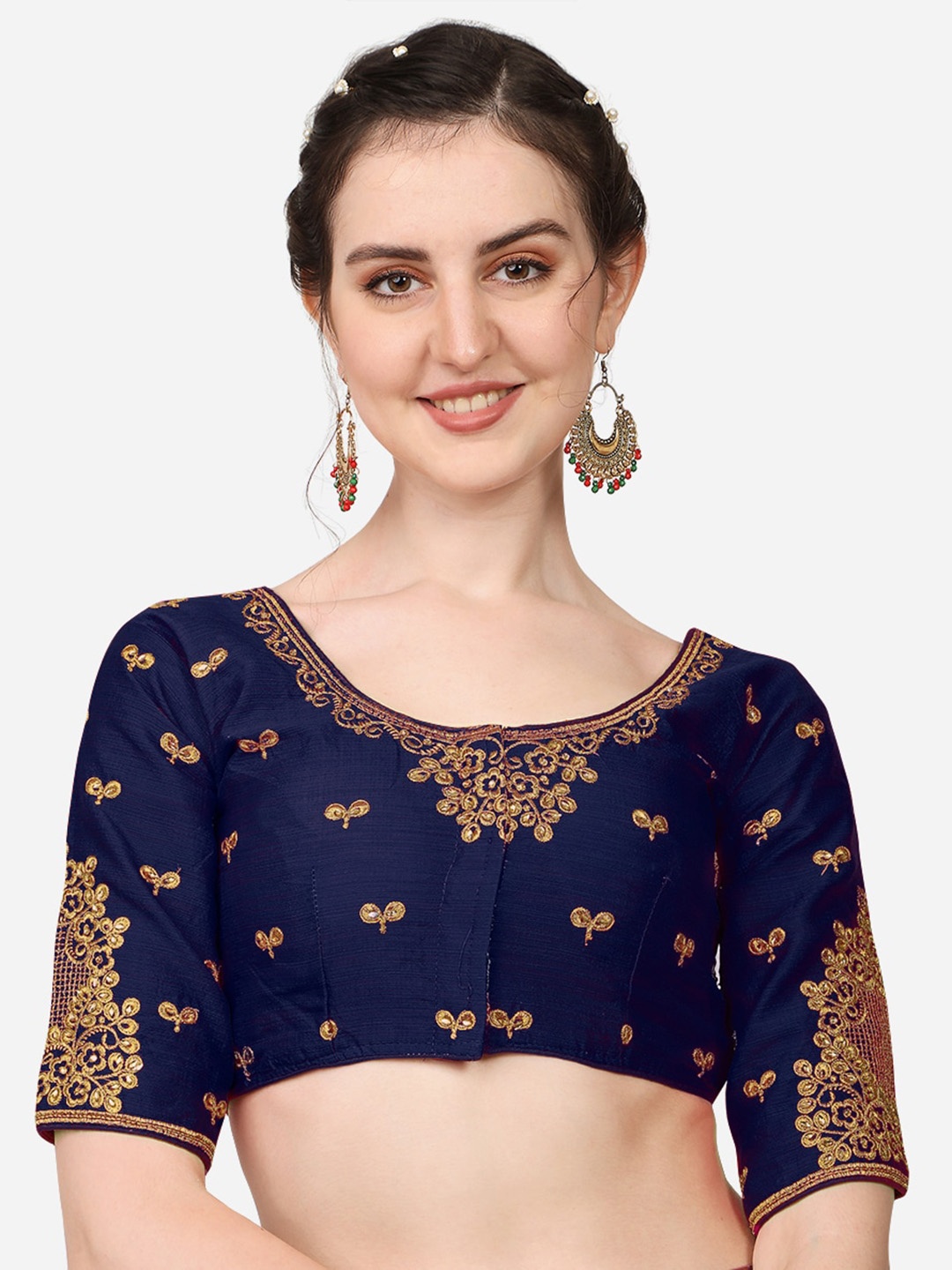 

Sumaira Tex Navy Blue & Gold-Toned Embroidered Saree Blouse