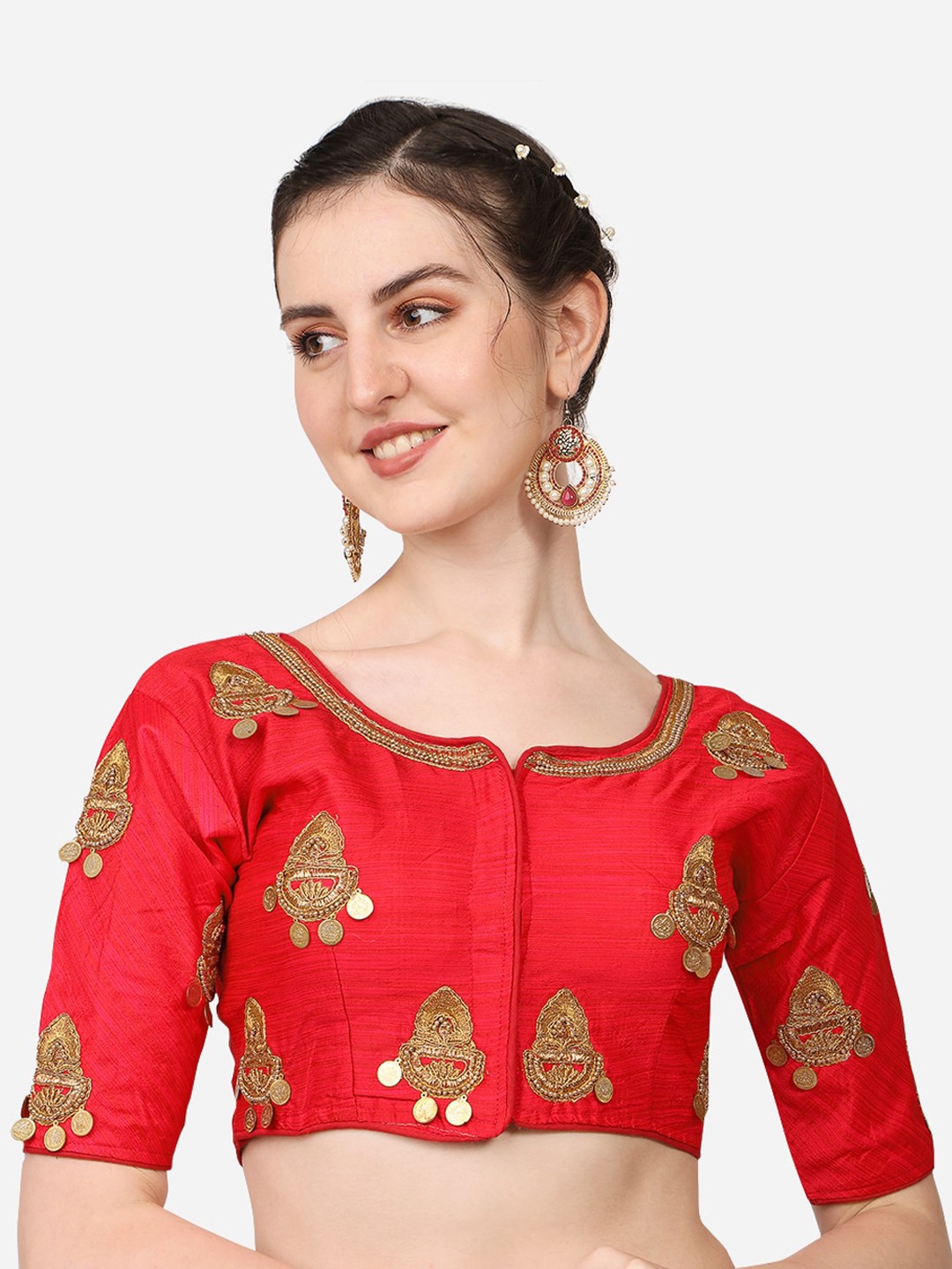 

Sumaira Tex Red & Gold-Toned Embroidered Silk Saree Blouse